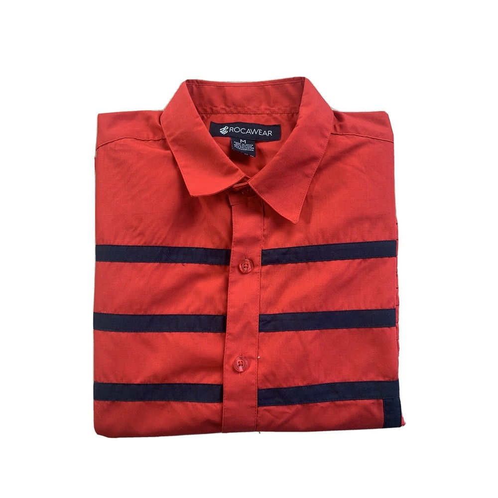 ROCAWEAR Shirt Men's Size Medium Red Black Striped Cotton Long Sleeve